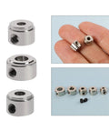 Close-up of 20Pcs Copper Plated RC Airplane Landing Gear Wheel Stop Collars showing different sizes on finger and lined up.