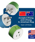 Type I Travel Power Plug Adapter With 2 USA Inputs For Australia New Zealand And China Safe Grounded 3 Pack Works With Phones Laptops Cameras CPAP And More Must Have, showing adapters with USA design badge, flags, 2-prong input