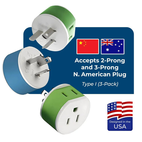 Type I Travel Power Plug Adapter With 2 USA Inputs For Australia New Zealand And China Safe Grounded 3 Pack Works With Phones Laptops Cameras CPAP And More Must Have, showing adapters with USA design badge, flags, 2-prong input