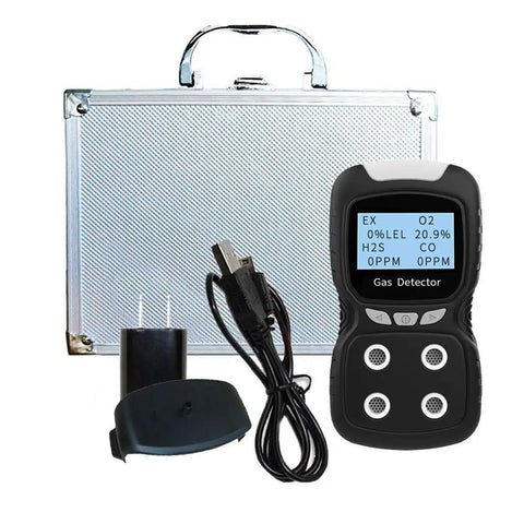 Portable Four Gas Detector With Pro Grade Rechargeable LCD Display And Audible Alarm For Oxygen Carbon Monoxide Hydrogen Sulfide And Explosive Gases Lightweight Air Quality Tester With Easy Calibration And Two Year Warranty, black handheld unit with case and charger