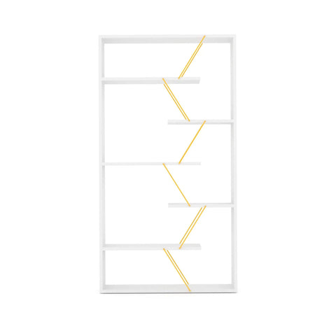 Front view of Six Tier White And Yellow Bookcase Storage Shelf With Industrial Display Vibe, Space Saving Organizer for home use.