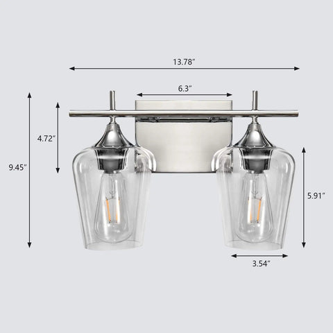 Two Light Chrome Vanity Light Fixtures With Clear Glass Shade For Over Mirror Bathroom Lighting, dimensions shown
