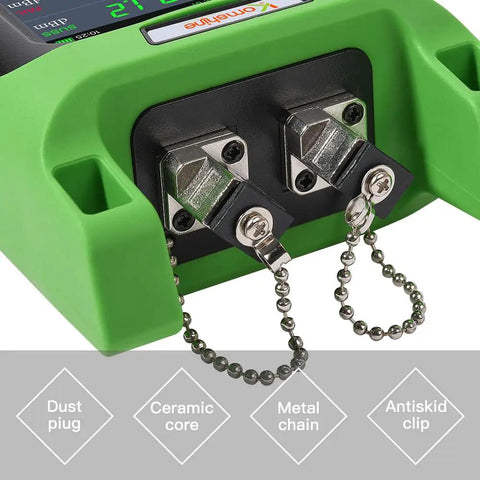 Back view of Live PON Optical Power Meter with green casing, showing connectors and antiskid clip for 1490 nm testing.