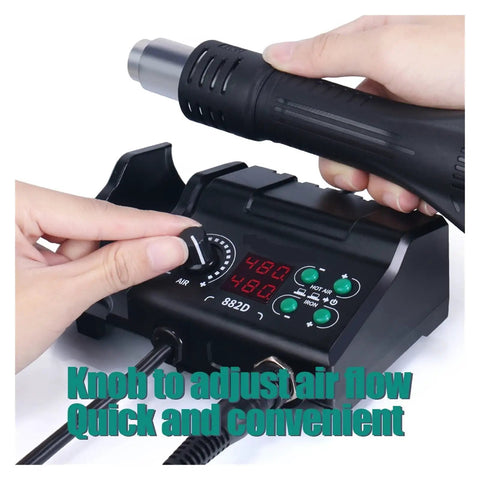 Hands adjusting air flow on 2 In 1 750W Soldering Station With Hot Air Rework Gun And LCD Display Built In Soldering Iron Interface