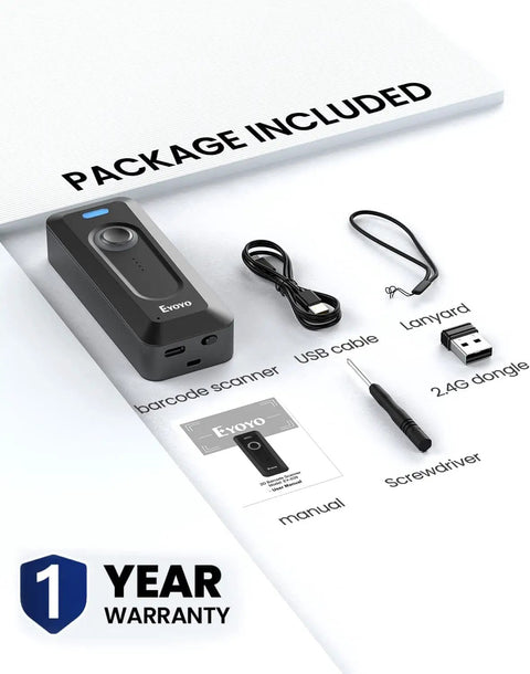 Package contents of Pocket Clip On 2D Bluetooth Barcode Scanner With 2000mAh Battery And Level Indicator, including manual and accessories