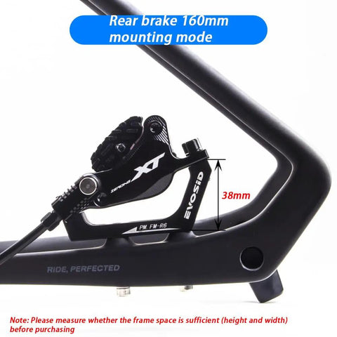 Rear disc brake caliper mounted with Disc Brake Adapter on bike frame for 160mm rotors, showing 38mm setup height and compatibility.