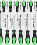Magnetic Torx Screwdriver Set 13 Piece T5 To T40 Pro Grade Chrome Vanadium Steel with green handles in lineup on grey surface