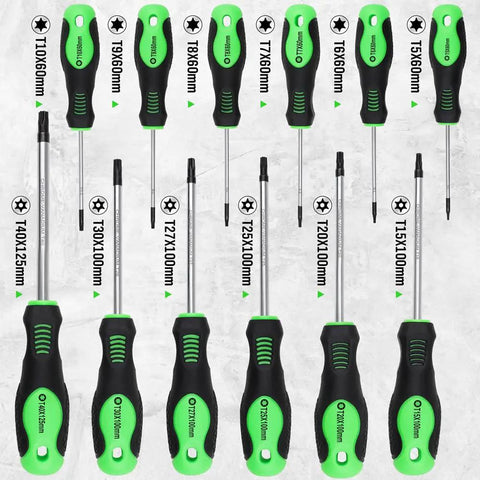 Magnetic Torx Screwdriver Set 13 Piece T5 To T40 Pro Grade Chrome Vanadium Steel with green handles in lineup on grey surface