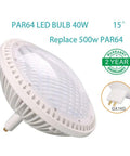 Top view of LED PAR64 Bulb Replaces 500W Halogen With 40W Output, 15 Degree Beam, GX16D base, 2-year warranty badge shown.