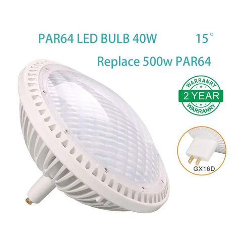 Top view of LED PAR64 Bulb Replaces 500W Halogen With 40W Output, 15 Degree Beam, GX16D base, 2-year warranty badge shown.