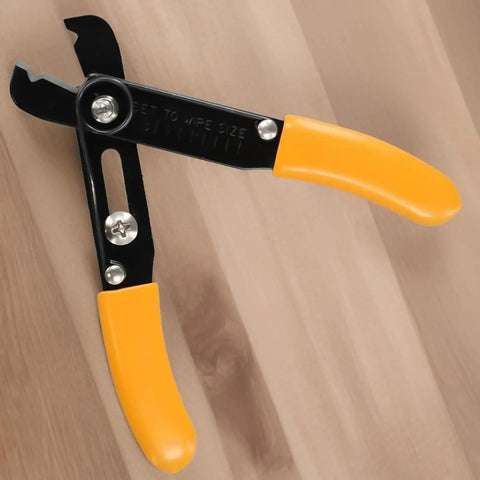 Adjustable Wire Stripper For 10-22 Awg Heavy Duty Manual Cable Cutter With Induction Hardened Edge Precision Stripping Tool For Electrical Wiring Jobs Orange And Black 130Mm Handle Design on wooden surface.