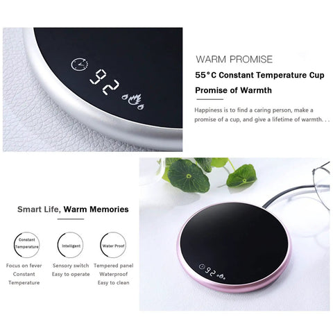 Electric Mug Warmer With Adjustable Temperature And Smart Touch Control, Auto Shut Off Timer, showing temperature display and sleek design.