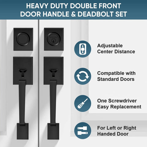 Double Front Door Handle Set With Heavy Duty Square Lever And Single Cylinder Deadbolt For Side By Side Exterior Doors Matte Black Rust Resistant