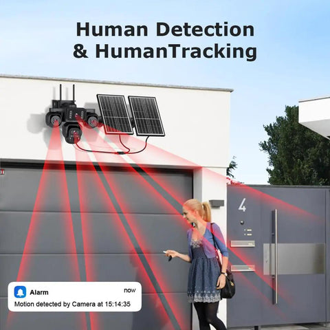 20MP Four Lens Solar Security Camera Outdoor Wifi Wireless Surveillance shows human tracking with solar panels and alerts.