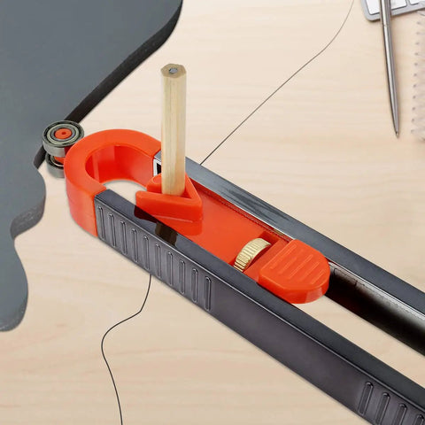 Killer Precision Metal Contour Gauge Scribe Tool With A Tight Lock Mechanism and Twin Pencils on a wooden surface, showing the pencil holder.