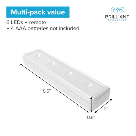 Wireless LED Under Cabinet Lights With 2 Remotes, 6 Pack Battery Operated Stick On Push Lights, 8.5" x 2" dimensions shown
