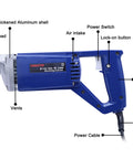 Diagram of Handheld Power Concrete Vibrator 15000 RPM 1500W 2HP Electric Vibrator with labels for features like lock-on button and vents.