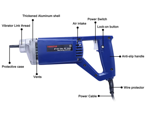 Diagram of Handheld Power Concrete Vibrator 15000 RPM 1500W 2HP Electric Vibrator with labels for features like lock-on button and vents.