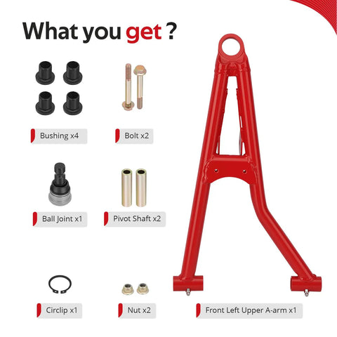 Front Left Upper A Arm And Ball Joint Bushing Kit For Polaris Scrambler Sportsman 550 850 1000 ATV UTV 2010 To 2023 OEM Replacement Parts With Easy Install And Built To Last For Rough Trails, red arm with bushings and hardware