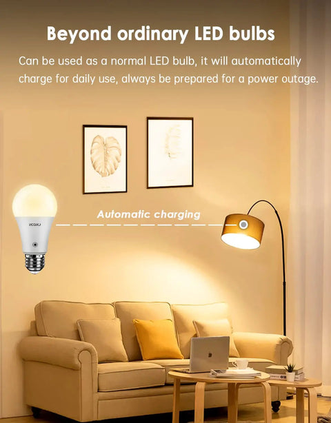 Rechargeable LED Light Bulb With Battery Backup shown in a living room setting with automatic charging feature next to a floor lamp.