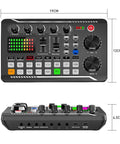 F998 Podcast Gear Bundle For TikTok And YouTube Vlogs Audio Interface And Soundboard with control knobs, dimensions shown