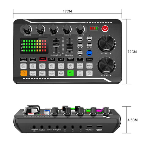 F998 Podcast Gear Bundle For TikTok And YouTube Vlogs Audio Interface And Soundboard with control knobs, dimensions shown