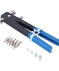 Heavy Duty Stainless Steel Rivet Kit With Aluminum Alloy Body Portable Manual Riveting Tool For Woodworking And Home Decor Upgraded Arms That Are Totally Rad And Built To Last Through Hardcore Projects. Manual rivet tool with blue handles and assorted rivet nuts