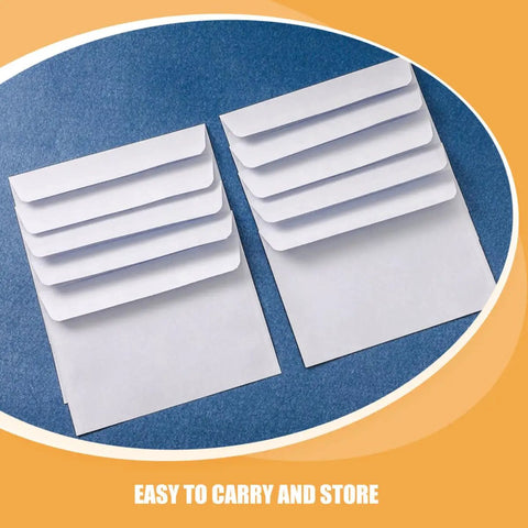 Stacks of 100 Pack White Privacy Pattern Envelopes Self Sealing Mailers displayed on a blue background.