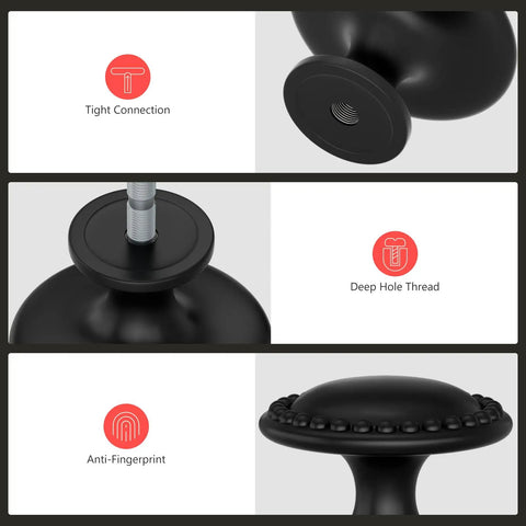 Matte Black Cabinet Knobs 20 Pack Dope Zinc Alloy Hardware showing details: tight connection, deep hole thread, anti-fingerprint
