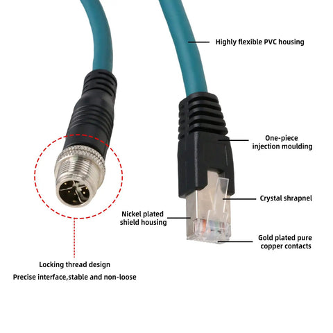 Beefy M12 X-Coded To RJ45 Cat6 Ethernet Cable IP67 Waterproof With Full Shielding For Industrial Vision Systems, 1M Length