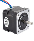NEMA 17 dual-shaft stepper motor, front view; black housing with silver front face and four-wire cable