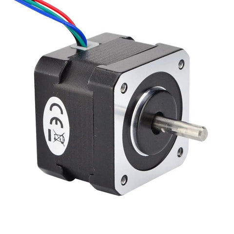 NEMA 17 dual-shaft stepper motor, front view; black housing with silver front face and four-wire cable