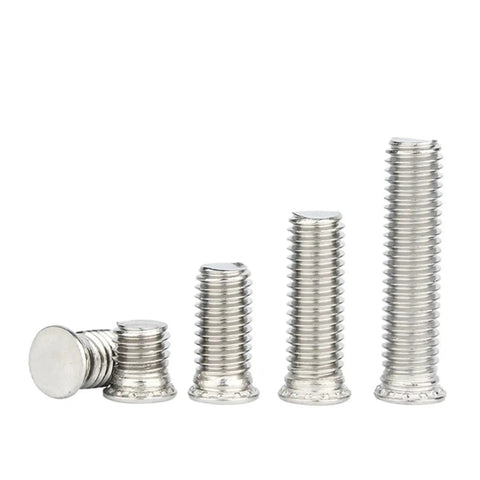 Top Tier 304 Stainless Steel Self Clinching Studs And Pressure Rivet Screws For Sheet Metal Work Metric M2.5 To M8 Threads displayed in various lengths.