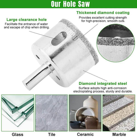 Front view of diamond hole saw bit with shank; 16pc tile kit (0.24–1.97 in) for ceramic, glass, tile, marble