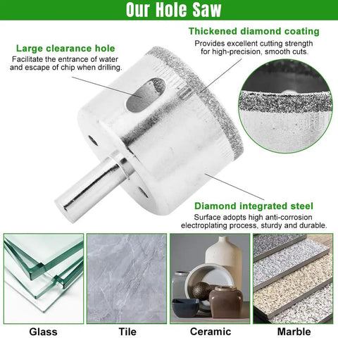 Adjustable Diamond Hole Saw Set With Double Suction Cup Guide Jig And Precision Core Drill Bits For Ceramic Glass Tile, close-up of diamond-coated hole saw.