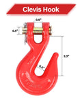 G80 3/8 Inch Chain Hook Set 4 Pack With 7100 Lb Working Load Limit Heavy Duty Clevis Hook Dimensions in Red