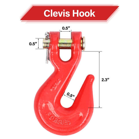 G80 3/8 Inch Chain Hook Set 4 Pack With 7100 Lb Working Load Limit Heavy Duty Clevis Hook Dimensions in Red