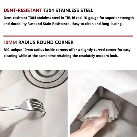 Close-up of 10 Inch Undermount Bar Sink Built From 16 Gauge Stainless Steel, showcasing R10 tight radius corner and cleaning ease.