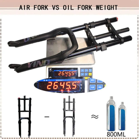 Dope 20 Inch Fat Tire E Bike Front Fork With Air Suspension 180mm Travel on scale showing 2645g weight comparison