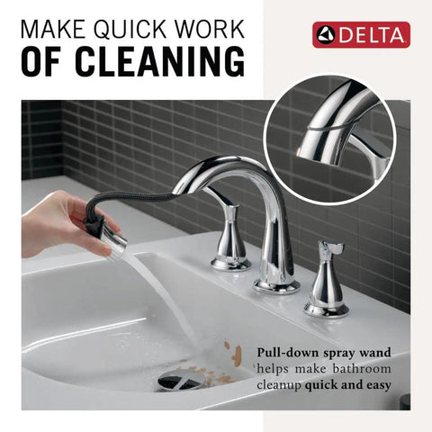 Broadmoor Chrome Bathroom Faucet With Sprayer, 8 Inch Widespread 3 Hole Sink Faucet With Pull Down Sprayer in use for cleaning.