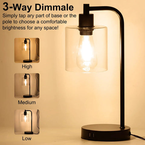 Touch Control Table Lamps Set of 2 With USB Ports And AC Outlet UL Listed 3 Way Dimmable Vintage Glass Shade close-up
