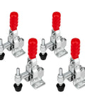 Heavy Duty 4 Pack Vertical Toggle Clamps With Slick Quick Release Design, Dang Sturdy 200 Lb Hold, Antislip Rubber Pads For Woodworking Jigs Fixture Build And Shop Projects, showing four metal clamps with red rubber handles.