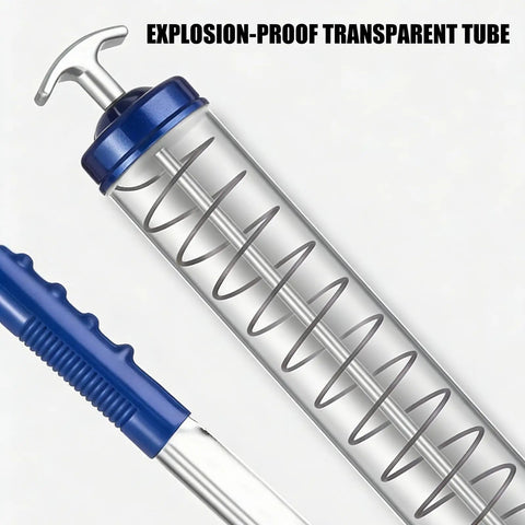 Close-up of Pro Single Lever Grease Tool With Aluminum Body showing explosion-proof transparent tube and T-handle.