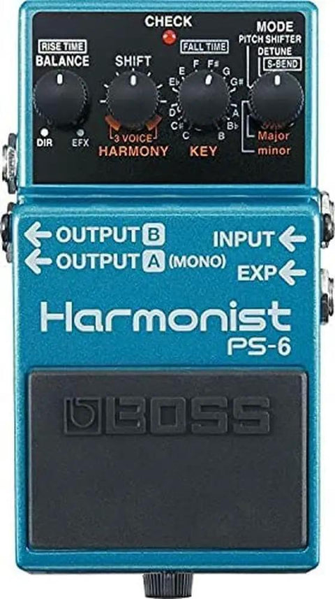 Harmonist Guitar Pedal PS-6 With Harmony, Pitch Shifter, Detune And S Bend, blue pedal showing control knobs and outputs