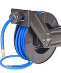 Retractable Air Hose Reel With Three Eighths Inch By Fifty Foot Hybrid Hose, Heavy Duty Steel Build, Auto Rewind, Pro Grade Rubber Hose, 300 PSI