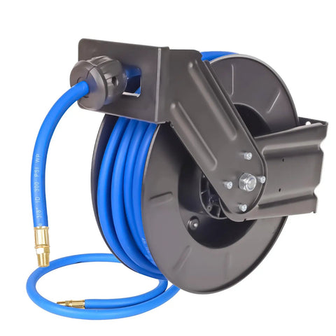 Retractable Air Hose Reel With Three Eighths Inch By Fifty Foot Hybrid Hose, Heavy Duty Steel Build, Auto Rewind, Pro Grade Rubber Hose, 300 PSI