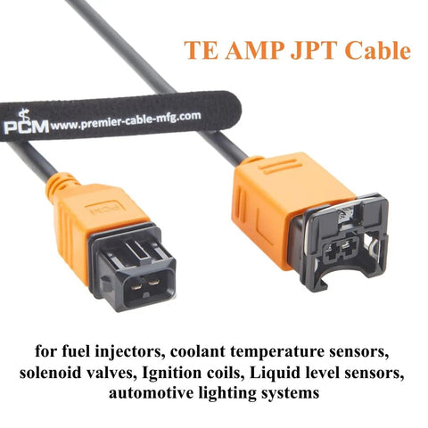 Garage Tested Two Pin JPT Extension Cable With IP67 Sealed Male To Female Plugs 18AWG Copper Auto Wiring Harness Fourteen Foot Cord displaying orange connectors.