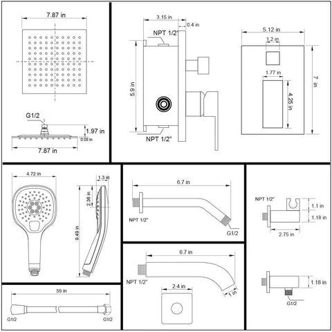 Technical drawing of Chrome Shower Tub Faucet Set With 8 Inch Shower Head, Wall Mounted Tub Spout, Single Handle Trim Kit, Rough In Valve