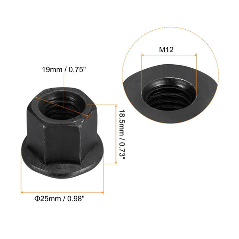 M12 Flange Hex Nuts 5 Pack Grade 10.9 Carbon Steel Heavy Duty Machine Parts with dimensions 25mm flange and 18.5mm tall.