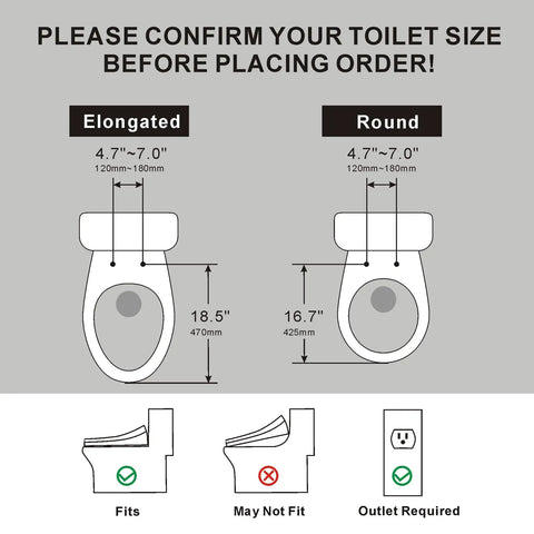 Diagram comparing toilet sizes for Top Tier Electric Heated Bidet Toilet Seat For Elongated Toilets With Soft Close Lid Warm Air Dryer.